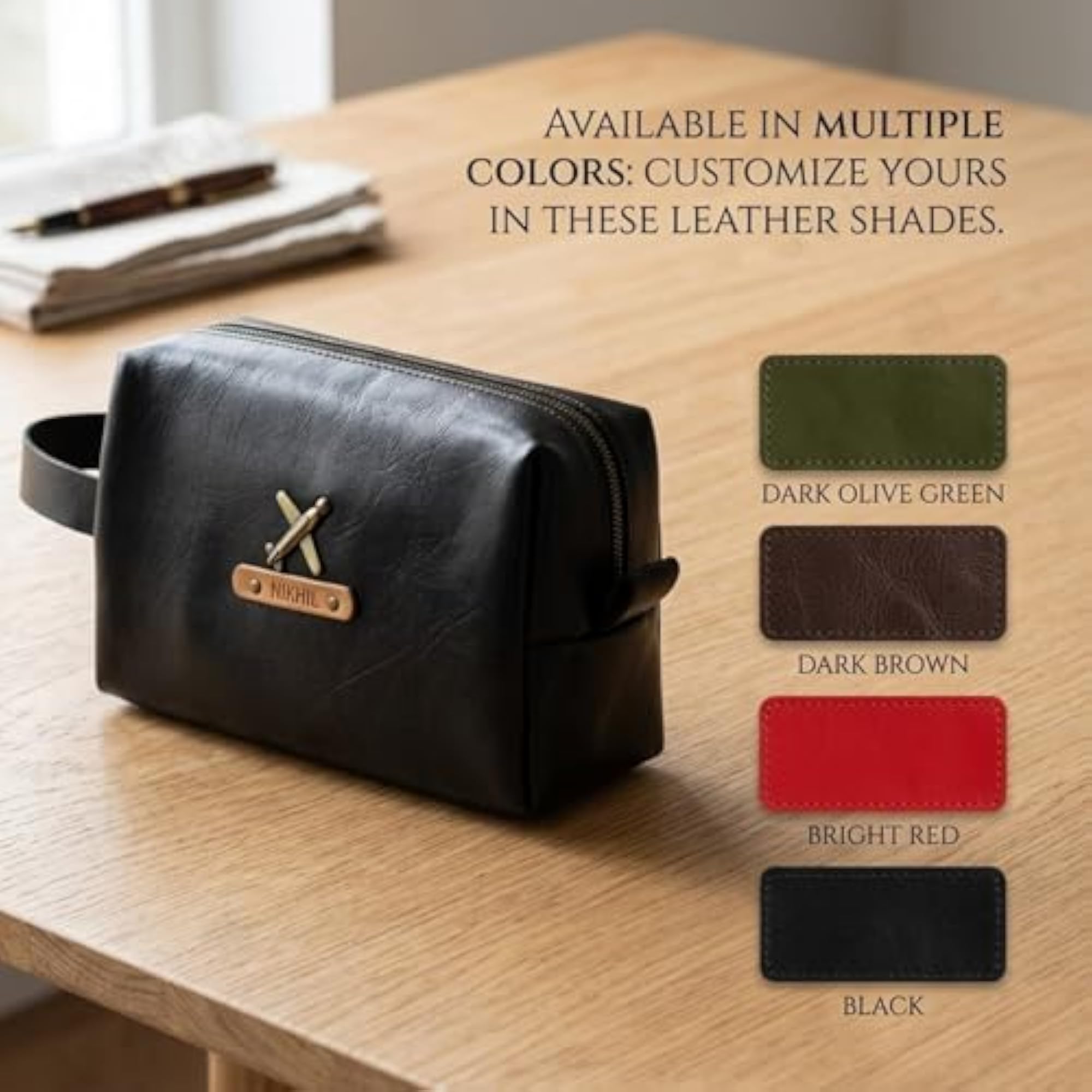 Personalised Large Synthetic Leather Vanity Pouch with Custom Name Plate